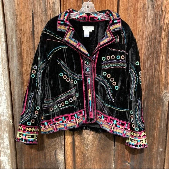 Vintage 90s Coldwater Creek crushed velvet boho embroidered blazer - Picture 1 of 10
